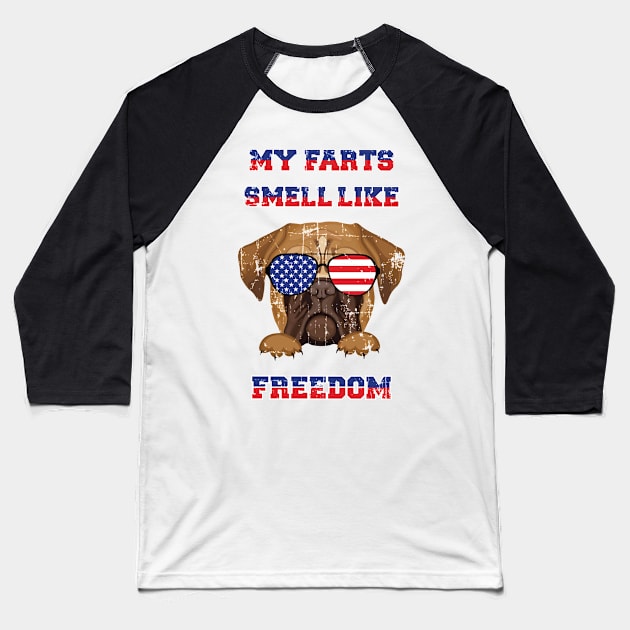 Independence Day Farts Freedom Pug Dog Baseball T-Shirt by ChrisselDesigns